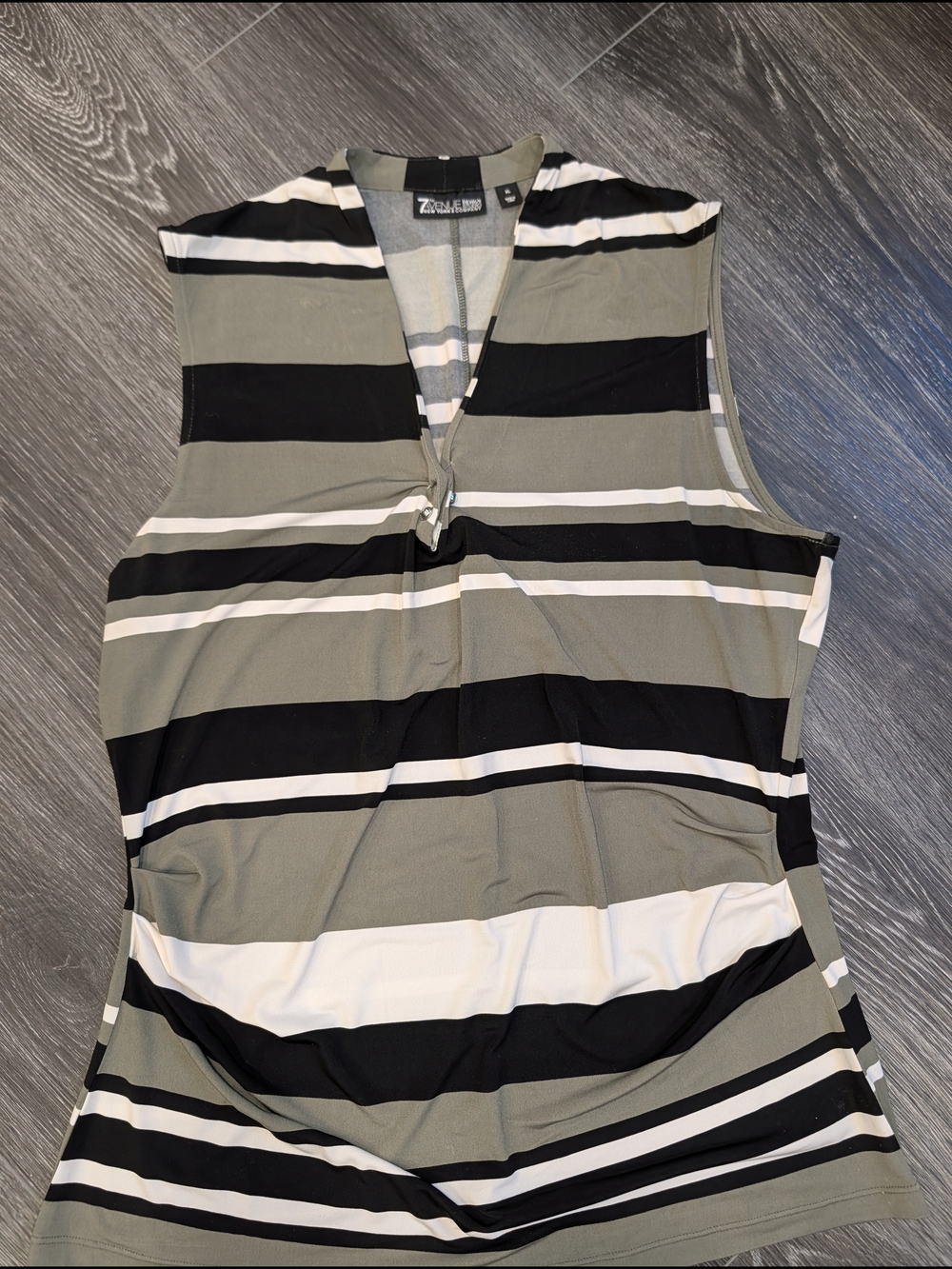 Striped Sleeveless V-Neck Top - Olive, Black & White